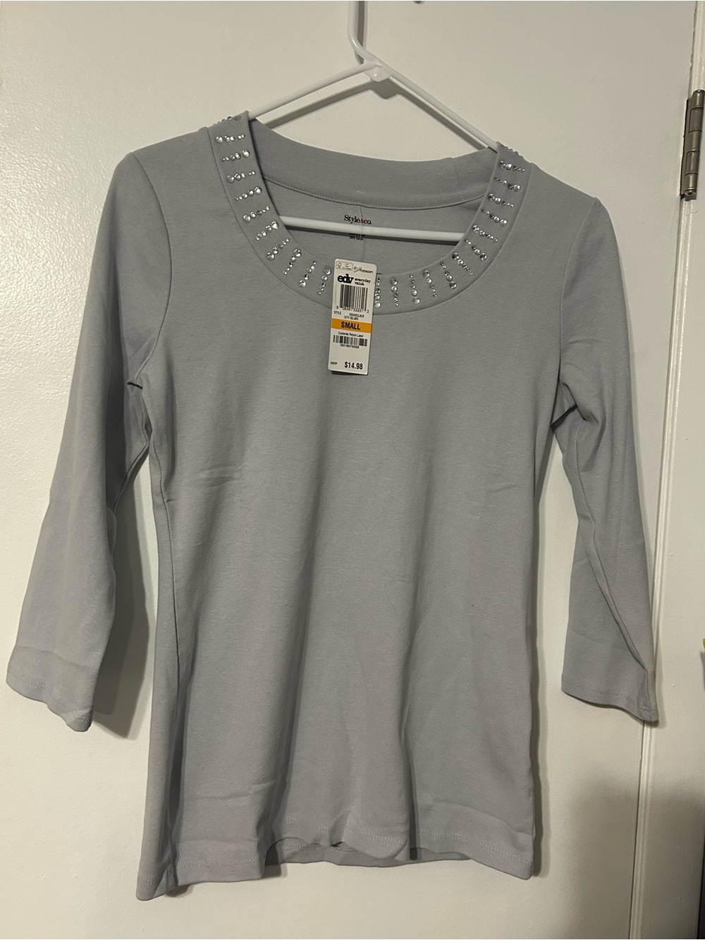 Style & Co. Light Gray Embellished Scoop-Neck Long Sleeve Top